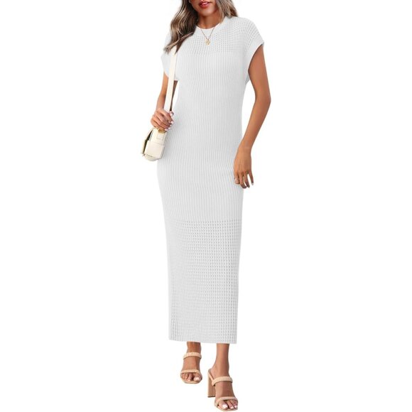 Womens Ribbed Knit Dress Casual Summer Maxi Cap Sleeve Crewneck S-XXL - Picture 1 of 4